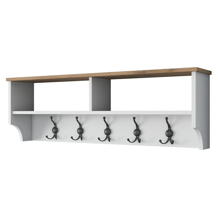 Hanah Home P2 - 2460 Perchero Recibidor con Almacenamiento y Ganchos de Metal, Blanco y Nogal, 120x37.2x22.2 cm